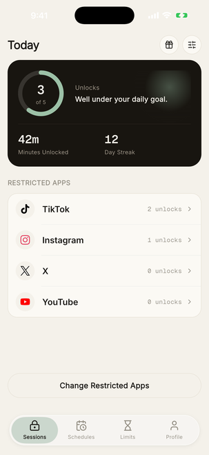 Today's unlocks, minutes and streak